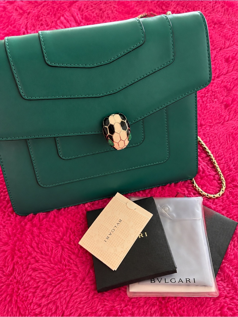 Bulgari Emerald Green Serpenti Crossbody with Gold Chain 2 way bag NEW forever